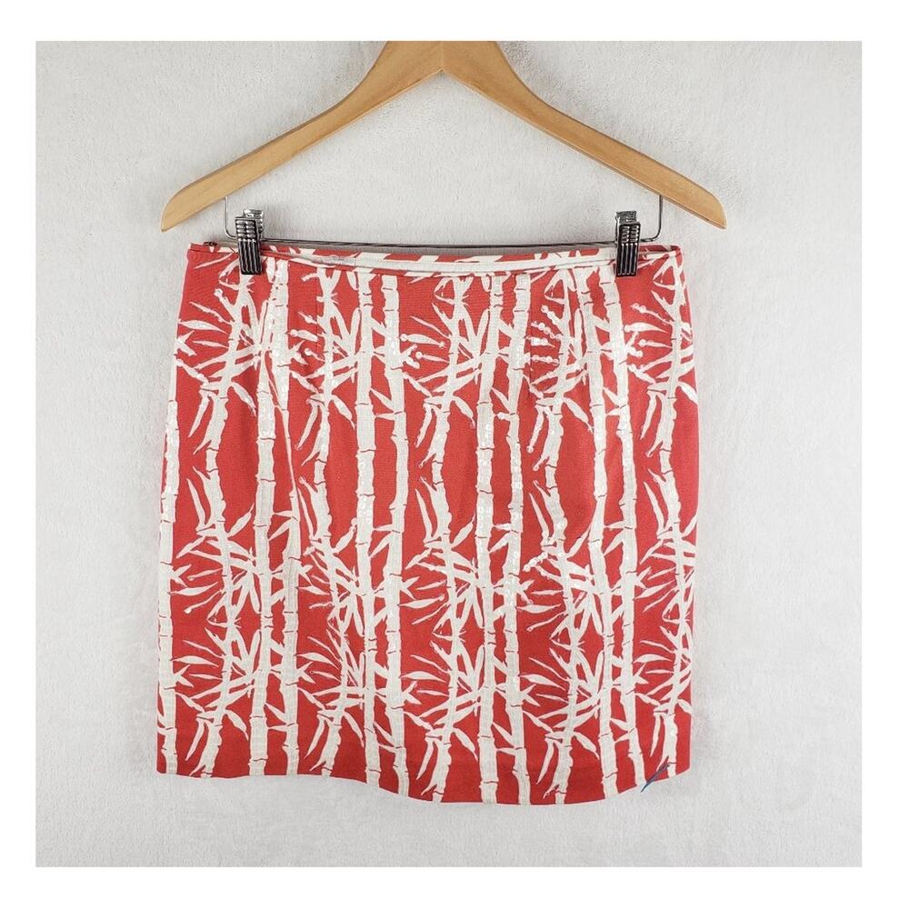 Michael Kors Skirt Women 6 Sequined Coral Bamboo Pattern Pencil Lined Side Zip